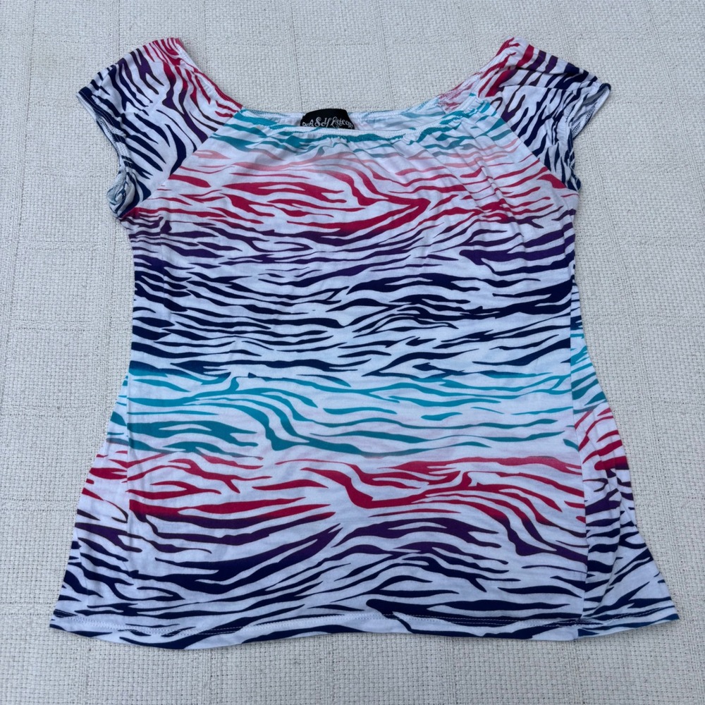 Women's Medium Y2K SELF ESTEEM Bright Abstract Zebra Cap Sleeve Baby Tee